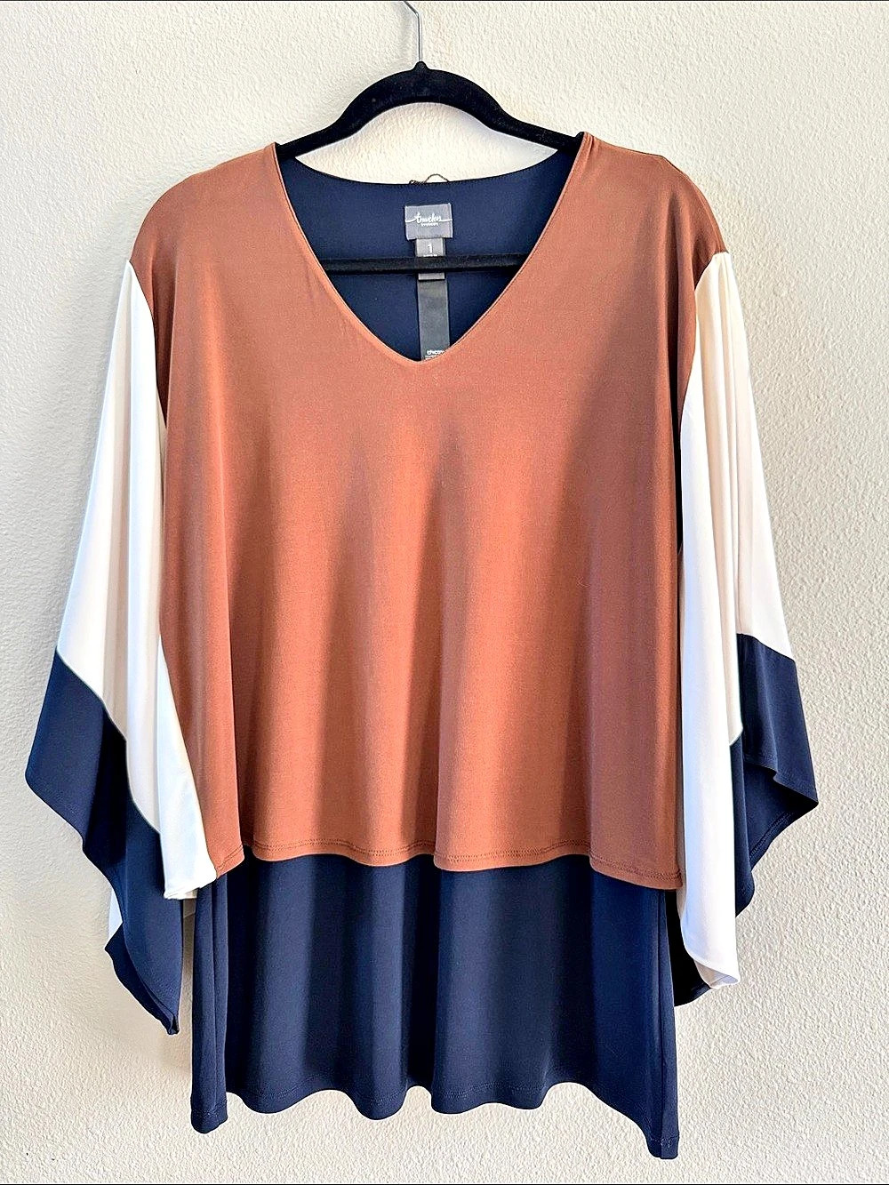 Chico's Travelers Colorblock Kimono Sleeve Top Brown & Blue Size 1
